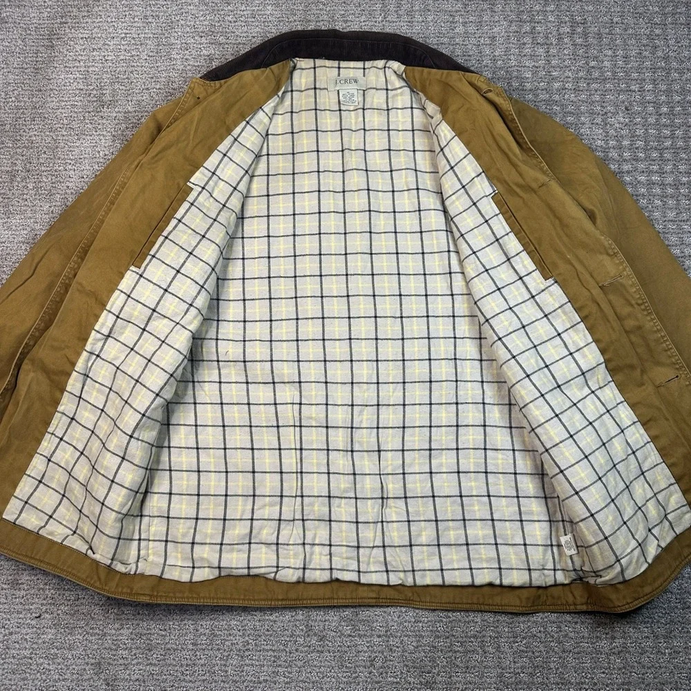 JCrew Mens Barn Jacket Mustard Tan Cotton Canvas Corduroy Collar Plaid Lined M